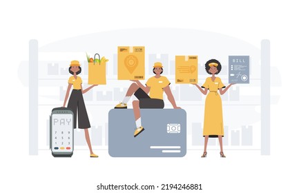 Delivery team. Home products. Food delivery. Finished banner. Cartoon style. Vector.