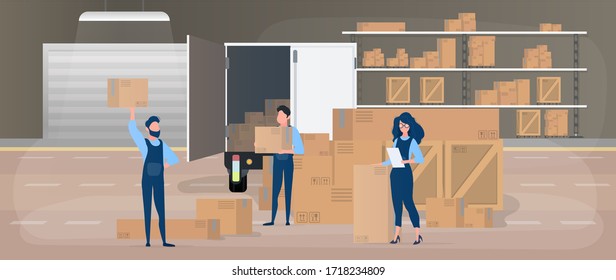 Delivery team. Large warehouse. Movers with boxes. The girl with the list. The concept of moving, transporting and delivering goods. Vector.