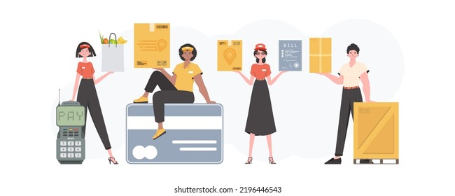 Equipo de entrega. Afiche preparado sobre el tema de la entrega a domicilio de comestibles. Estilo de caricatura. Vector.