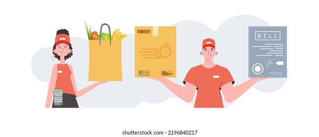 Equipo de entrega. Afiche preparado sobre el tema Productos para el hogar. sobre la entrega de alimentos. Estilo moderno y plano. Vector.