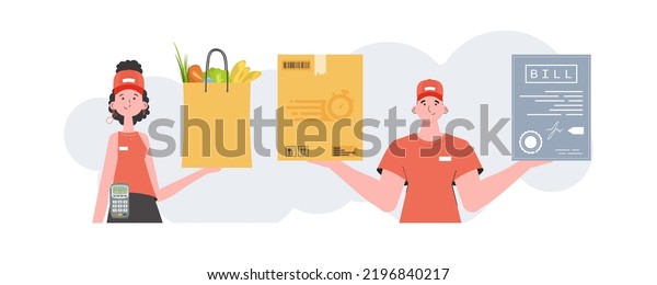Delivery team.\
Ready made poster on the topic Products for the home. about food\
delivery. Trendy flat style.\
Vector.