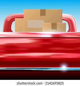 Delivery Template. Car Delivery. Cardboard Boxes In The Back Of A Red Pickup Truck. Space For Text Pickup Tailgate. Copy Space. Layout, Mockup. Back View. Vector Illustration