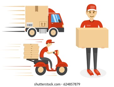 Plantilla de entrega aislada en fondo blanco. Cajas, hombre de personaje, motocicleta de conducción rápida y camión. Ilustración del vector
