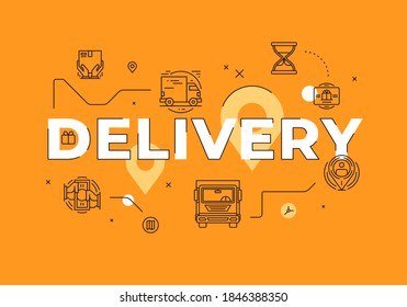 Delivery text concept modern flat style vector illustration red banner with outline icons. Logistic service website landing page template or mobile apps