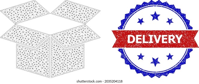 Delivery textured seal, and carton box icon network structure. Red and blue bicolored seal has Delivery text inside ribbon and rosette. Abstract flat mesh carton box, built from flat mesh.
