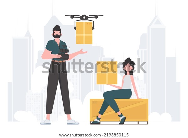 Delivery theme. The drone is\
transporting the parcel. Man and woman with cardboard boxes.\
Vector.