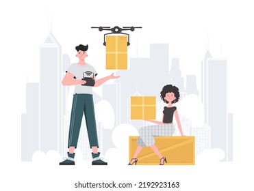 Delivery theme. The quadcopter is transporting the parcel. Man and woman with cardboard boxes. Flat modern design. Vector.