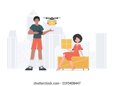 Delivery theme. The quadcopter is transporting the parcel. Man and woman with cardboard boxes. trendy style. Vector illustration.