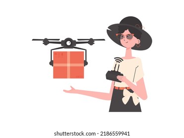 Tema de entrega. Una mujer controla un dron con un paquete. Aislado. Vector.