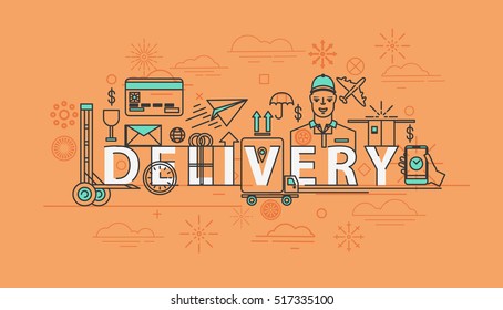 Liefert das Paket mit Symbolen für dünne Linien. Lkw und Lkw, Timer und Wettersymbol, Flugzeug und Kreditkarte, Kurier- und Lieferwagen, Lager. Business-Service für den Schnellversand, Kurier und Logistik