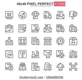 Delivery thin line icons set. Global and local shipping, warehousing and transportation unique design icons. Express delivery service outline vector bundle. 48x48 pixel perfect linear pictogram pack.