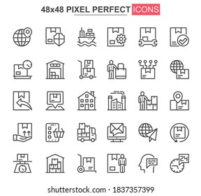 Delivery thin line icons set. Global and local shipping, warehousing and transportation unique design icons. Express delivery service outline vector bundle. 48x48 pixel perfect linear pictogram pack.