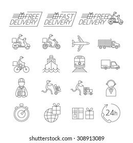 Lieferung dünner Linien Symbole Set, Versand, Transport, Bestellung, Service, Schnell und kostenlos