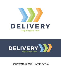 Entrega del logotipo vectorial de tres flechas. Estilo de línea colorido. Agencia, logística.