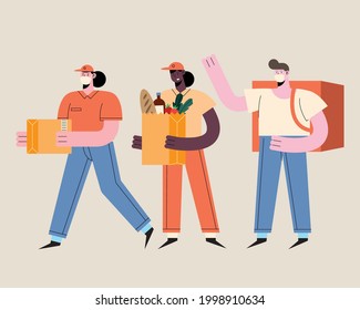 delivery three workers and customers
