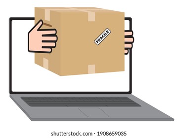 Delivery through on laptop. Online buying and Delivery concept. Hand holding package. Flat style vector illustration