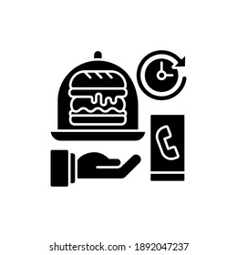 Delivery time black glyph icon. Delivery hours. Courier service. Ordering breakfast, lunch, dinner. Real-time order tracking. Silhouette symbol on white space. Vector isolated illustration