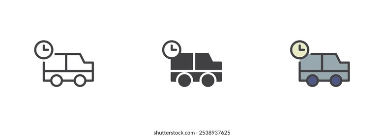 Delivery in time different style icon set. Line, glyph and filled outline colorful version, outline and filled vector sign. Shipping truck with clock symbol, logo illustration. Vector graphics