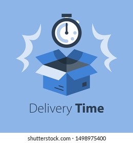 Delivery time, fast shipment, stopwatch and open box, postal parcel waiting period, timely distribution, courier service, vector flat illustration