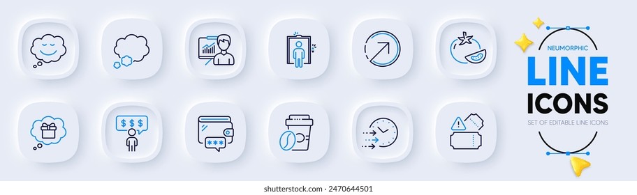 Delivery time, Gift dream and Speech bubble line icons for web app. Pack of Tomato, Presentation, Tickets pictogram icons. Wallet, Direction, Talk bubble signs. Elevator. Neumorphic buttons. Vector