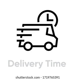 Delivery Time icon. Editable Line Vector. Fast shipping delivery truck. Lorry and timer. Single Pictogram.