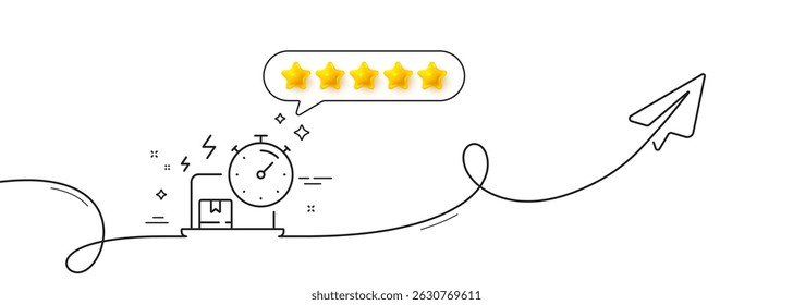 Delivery time line icon. Continuous line with share plane. Parcel shipment sign. Online express service symbol. Five star rate review in speech bubble. Delivery online single line ribbon. Vector