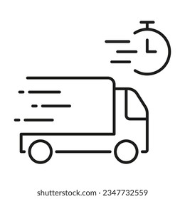 Delivery Time Line Icon. Fast Shipping Service Linear Pictogram. Express Shipment Outline Symbol. Speed Truck with Clock, Quick Transportation Sign. Editable Stroke. Isolated Vector Illustration.