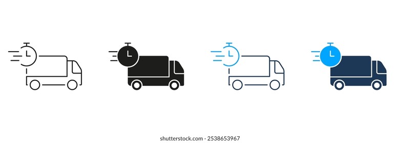 Delivery Time Line and Silhouette Icon Set. Express Shipping Vehicle Pictogram. Fast Deliver Symbol. Cargo Truck with Timer Sign, Free Shipment. Editable Stroke. Isolated Vector Illustration.