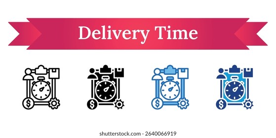 Delivery Time Multi Style Icon - Stopwatch with delivery elements, gear, and dollar sign symbolizing efficient shipping and cost management