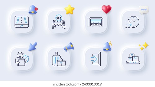 Delivery time, Parking garage and Exit line icons. Buttons with 3d bell, chat speech, cursor. Pack of Baggage, Wholesale goods, Usa close borders icon. Delivery man, Gps pictogram. Vector