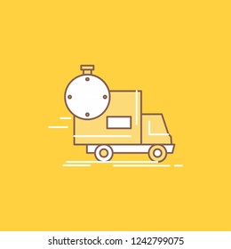 delivery, time, shipping, transport, truck Flat Line Filled Icon. Beautiful Logo button over yellow background for UI and UX, website or mobile application