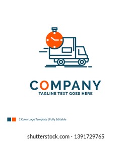 delivery, time, shipping, transport, truck Logo Design. Blue and Orange Brand Name Design. Place for Tagline. Business Logo template.