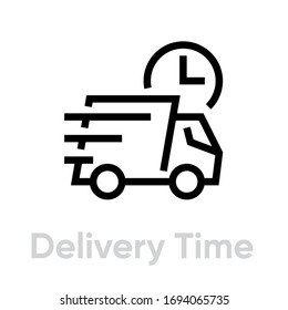 Delivery Time Truck icon. Editable line vector. Fast lorry symbol and watch element. Single pictogram.