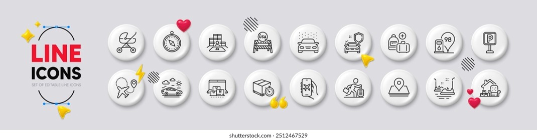 Timer de entrega, Lavagem de carro e Ícones de linha de viagem de carro. Botões brancos Ícones 3D. Pacote de armazenamento online, inventário, ícone de estacionamento. Carros para-choques, posto de gasolina, EUA fecham pictograma de fronteiras. Vetor