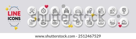 Delivery timer, Car wash and Car travel line icons. White buttons 3d icons. Pack of Online storage, Inventory, Parking icon. Bumper cars, Petrol station, Usa close borders pictogram. Vector