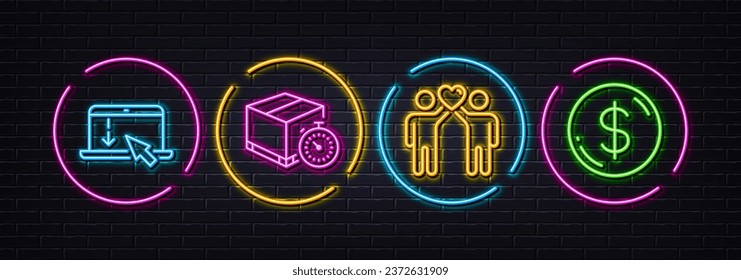Delivery timer, Friends couple and Scroll down minimal line icons. Neon laser 3d lights. Dollar money icons. For web, application, printing. Express logistics, Friendship, Landing page. Vector