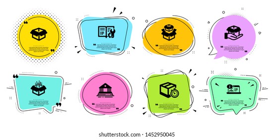 Delivery timer, Open box and Packing boxes line icons set. Chat bubbles with quotes. Online documentation, Court building and Hold box signs. Engineering documentation symbol. Vector