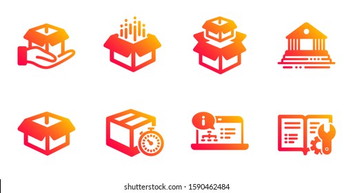 Delivery timer, Open box and Packing boxes line icons set. Online documentation, Court building and Hold box signs. Engineering documentation symbol. Express logistics, Delivery package. Vector