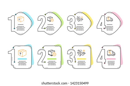 Delivery timer, Package and Airplane travel icons simple set. Car service sign. Express logistics, Delivery pack, Trip flight. Repair service. Transportation set. Infographic timeline. Vector