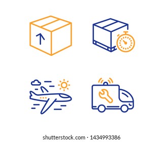 Delivery timer, Package and Airplane travel icons simple set. Car service sign. Express logistics, Delivery pack, Trip flight. Repair service. Transportation set. Linear delivery timer icon. Vector