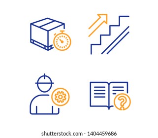 Delivery timer, Stairs and Engineer icons simple set. Help sign. Express logistics, Stairway, Worker with cogwheel. Documentation. Industrial set. Linear delivery timer icon. Colorful design set