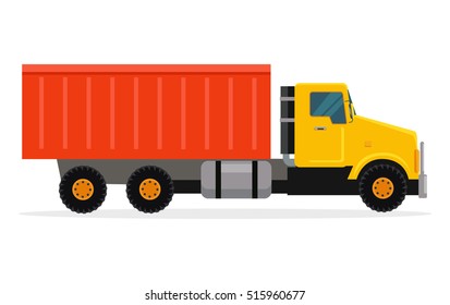Delivery tipper truck transportation. Tipper with yellow cabin and orange vehicle. Cargo truck. Tipper dumper business truck transportation sand. Vector illustration in flat style design.