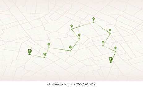 Delivery track information on isometric map. Route between multiple markers on route. An intended goal point. Abstract navigation plan. Vector background