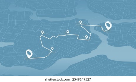 Información de la pista de entrega en el mapa. Ruta entre múltiples marcadores en la ruta. Rastreador de Locación en perspectiva. Vector de fondo