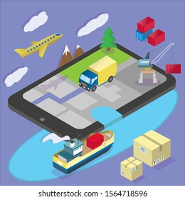 Delivery track on purple background for flyer and presentation. Vector illustration concept for web landing page template. laptop tracking online cargo shipping, airplane, boat and car