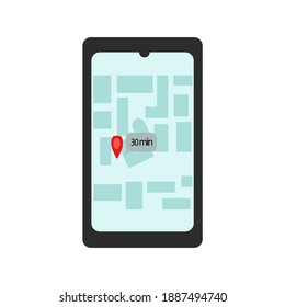 Delivery tracker on phone, city map with courier position mark, delivery time in a footnote, delivery tracking mobile application vector illustration