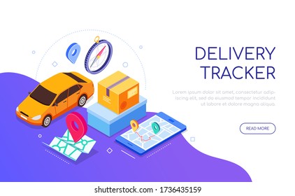 Delivery tracker service - modern colorful isometric web banner with copy space for text. An illustration with a car, compass, cargo, map, navigation on smartphone screen. Mobile app for tracking