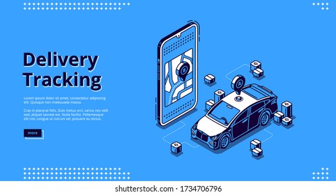 Delivery tracking banner. Online mobile service for track shipping parcel, cargo or post. Vector landing page with isometric smartphone with map application and courier car