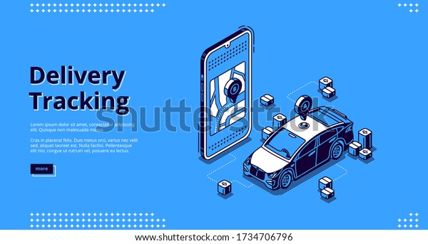 Delivery tracking banner.\
Online mobile service for track shipping parcel, cargo or post.\
Vector landing page with isometric smartphone with map application\
and courier car