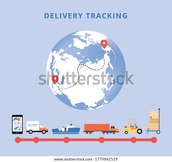 Delivery tracking banner with world\
globe icon and various transport types delivering and shipping\
goods, flat vector illustration. Delivery services\
application.